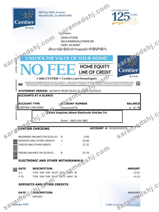 USA Indiana Centier bank statement template in Excel and PDF format